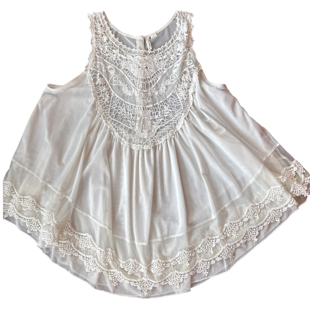 Ultra Pink Sleeveless Top Womens Large Off White Lace Mesh Babydoll Boho